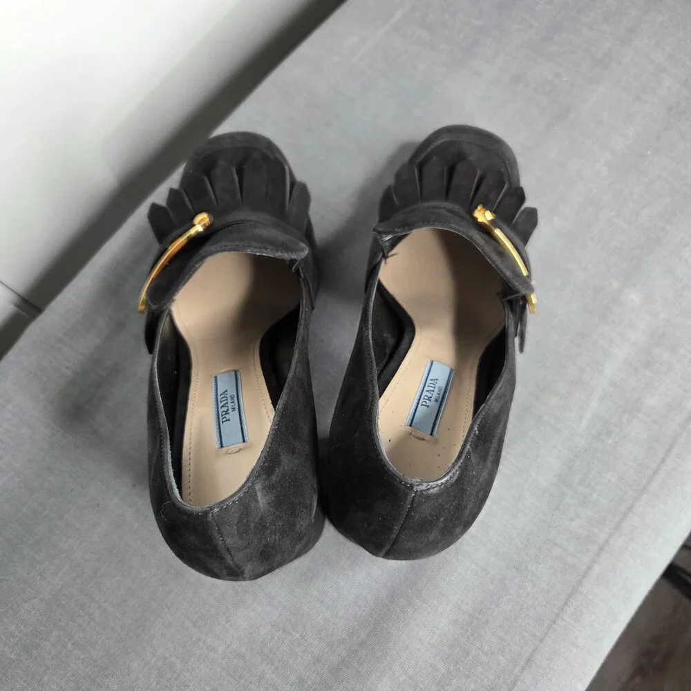Women's Prada Black Suede Madras Fringe Buckle Slip-On with COA - EU Size 38.5 - Picture 6 of 12